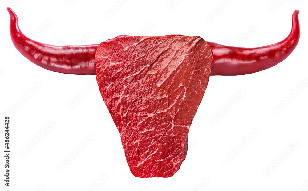 Wall mural T-bone beef steak and hot peppers arranged in a shape of bull head. Conceptual food picture. File contains clipping path.