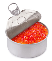 Tin of red caviar on white background. File contains clipping path.