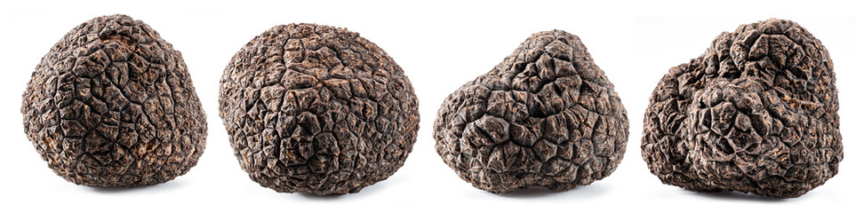 Set of four black winter truffle on white background. The most famous of the truffles.