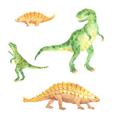 Watercolor tyrannosaurus rex with baby and scolosaurus with baby