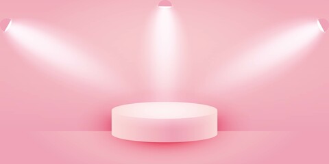 Pink podium 3d on a pastel pink background and soft light. Illuminated pink stage for product presentation or advertising. Pink vector background banner.