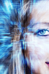 blonde young woman face and technology background, future generations and digital generation concept