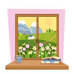Spring window with a view of flowers and green hills. Cute cozy vector illustration in flat style.