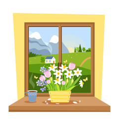 Valley landscape. Window overlooking the green hills. Box with spring flowers on the windowsill. Cute vector illustration in flat style.