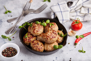 Pork cutlets from minced meat. Pan-fried meatballs. Healthy dinner for the family. 