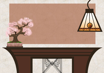 桜の盆栽とペンダントライトの飾りアール・デコ調カップボード背景イラスト・ピンクベージュ系テキストエリア