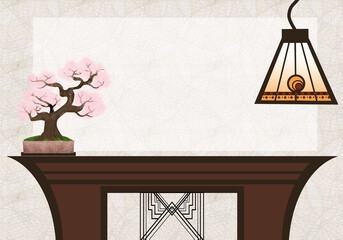 桜の盆栽とペンダントライトの飾りアール・デコ調カップボード背景イラスト・白のテキストエリア