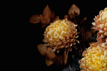 Dark floral background with yellow flowers chrysanthemum with low key lighting,florist greeting...