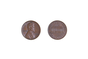 1 CENT 1964 LINCOLN PENNY US COIN. Black background, close-up.