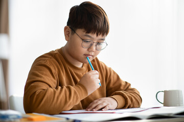 Naklejka na ściany i meble Concentrated chinese kid doing homework at home
