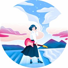 illustration of a character, girl with guitar, pink clouds, sunset, sea tide, waves. Drawings for poster, background or pattern