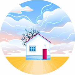 nature illustration, pink clouds, white house, pink door, tree, spring. Drawings for poster, background or pattern.