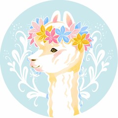 Illustration of a cute llama, a wreath of flowers. Drawings for poster, background or pattern.