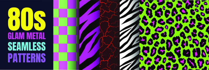 80's Glam Rock Metal Collection of seamless patterns | Set of abstract vivid vector graphics in retro vintage style for apparel and textiles. Zebra, tiger, leopard, chess, soil earth