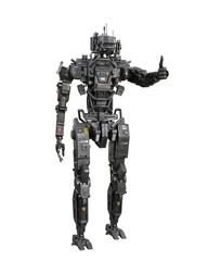 Futuristic cyberpunk robot droid making thumbs up sign. 3D rendering isolated on white background.