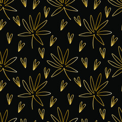 Vector seamless gold floral pattern on black isolated background. Spring, abstract,botanical print hand painted.Designs for scrapbooking, packaging, wrapping paper, social media, textiles, fabric.