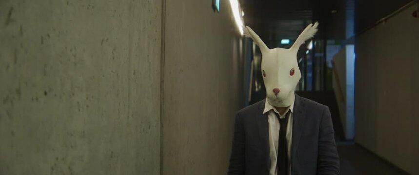 Man Walking Down A Corridor With A Rabbit Head	