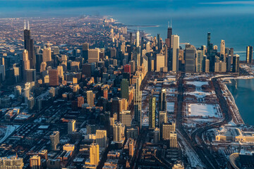 Aerial View of Downtown Chicago and the Surrounding Areas At Sunrise