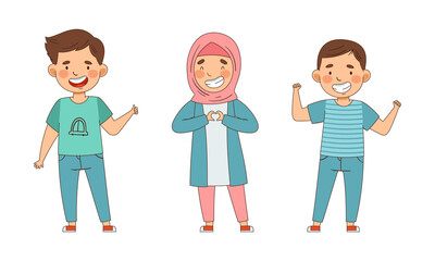 Emoji Girl and Boy Showing Hand Thumb Up and Heart Gesture Vector Set