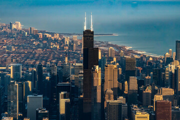 Fototapeta na wymiar Aerial View of Downtown Chicago and the Surrounding Areas At Sunrise