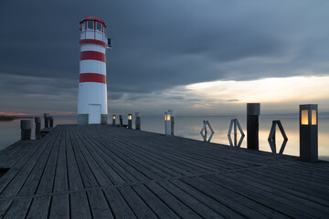 Winterevening at Podersdorf with famous lighthouse, long exposure, Burgenland, Austria