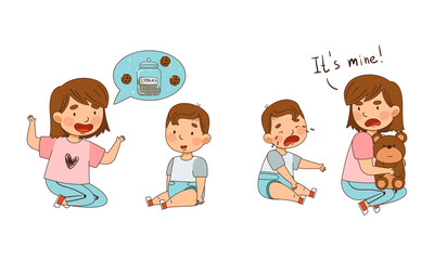 Fototapeta premium Warring Sister Grabbing Toy Teddy Bear from Her Little Crying Brother and Telling Him about Cookie as Family Relations Vector Illustration Set