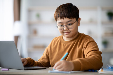 Naklejka na ściany i meble Intelligent korean kid doing homework at home