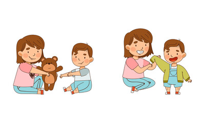 Sister Dressing Her Little Brother and Giving Him Teddy Bear as Family Relations Vector Illustration Set