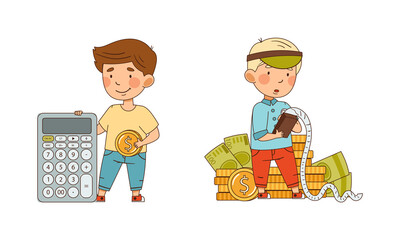 Little Boy with Dollar Coin and Calculator Vector Illustration Set