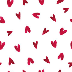 Watercolor red hearts on a white background. Light seamless pattern for background, wallpaper, wrapping paper, fabric and textile. Happy Valentine's Day.