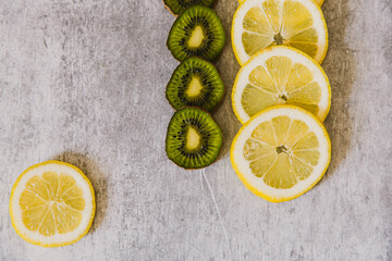 Lemons and kiwis. Seamless pattern of lemons on an industrial background. High quality photo