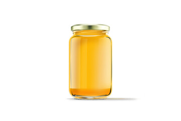 Honey glass jar isolated on white background. apricot marmalade honey jar mockup template. 3d rendering.