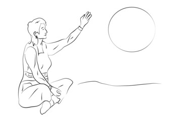 woman sit and look into the distance at the sun