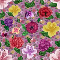 Seamless pattern Botanical illustration of a bouquet of flowers leaves. Design for textiles, fabrics, wallpapers, home decoration, packaging.