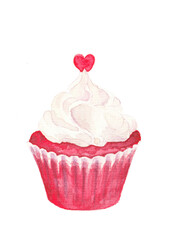 Delicious cupcake with cute little heart. Sweet hand-drawn watercolor illustration for weddings, cafeterias or valentine's day decor.
