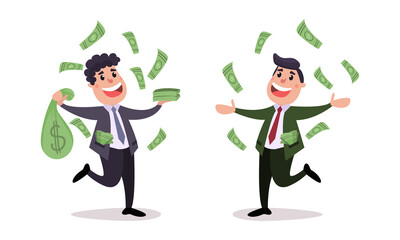 Rich Businessman Character Among Sacks with Dollar Banknotes Vector Illustration Set