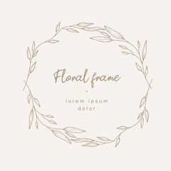 Hand drawn floral frame with a branch with leaves. Elegant leaf logo template. Vector illustration for labels, 
branding business identity, wedding invitation