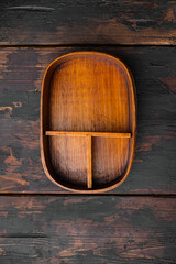 Empty Bento box with copy space for text or food with copy space for text or food, top view flat lay , on old dark  wooden table background