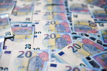 European money in banknotes of twenty euros - obrazy, fototapety, plakaty