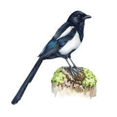 Fototapeta premium Magpie bird. Watercolor close up illustration. Hand drawn realistic pica pica avian. Common eurasian magpie on a tree branch. Wildlife single forest bird isolated on white background