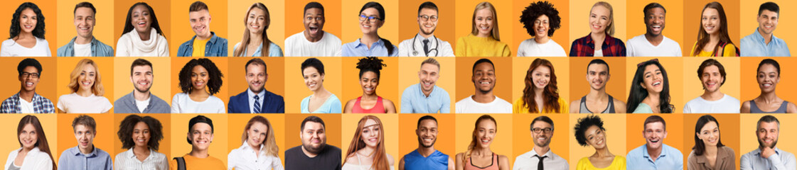 Emotional Portraits Of Happy Multiethnic Young People Over Yellow Toned Backgrounds