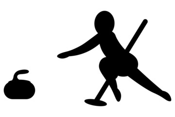 Curling. Silhouette. An athlete plays a team sport game on an ice rink. The athlete launches a granite projectile on the ice - a stone. In the hands of an ice brush for better glide. Vector icon. 
