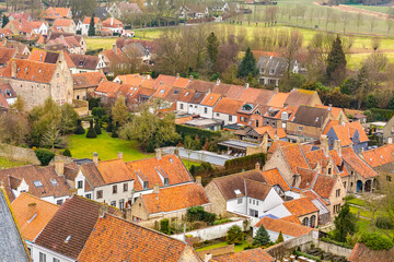 Obraz premium Aerial view of Damme town as seen from the top of Onze-Lieve-Vrouwekerk (Church of Our Lady) tower, Damme, Belgium 