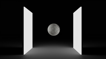 Moon between giant light. Minimal modern illustration. Surrealism