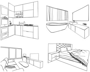 Set of different interior hand drawn sketch. Kitchen, living room, bathroom, bedroom, workplace.