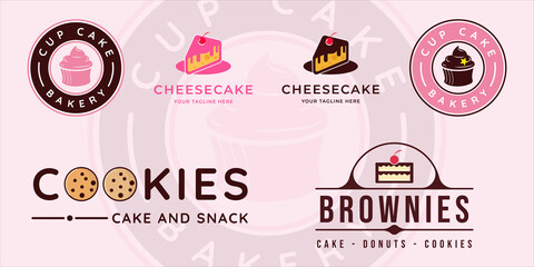 set of bakery cake logo modern vector illustration template icon graphic design. bundle collection of various cookies snack and brownies sign or symbol for cafe or business food and restaurant