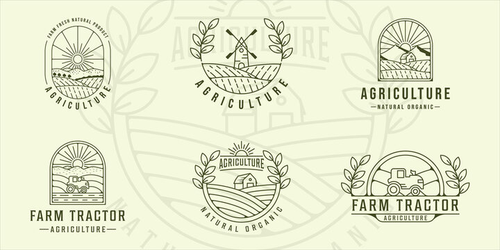 set of farm tractor agriculture line art logo vector illustration template icon graphic design. bundle collection of various landscape view with typography badge
