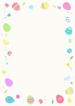 Colourful Easter themed border or frame with patterned Easter eggs and spring flowers on a light background. Space for text, A4 size.