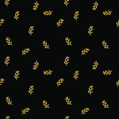 Vector seamless gold floral pattern on black isolated background. Spring, abstract,botanical print hand painted.Designs for scrapbooking, packaging, wrapping paper, social media, textiles, fabric.