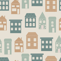 City seamless pattern. Creative background with silhouettes of houses. Geometric print. Vector illustration of a street with a house.